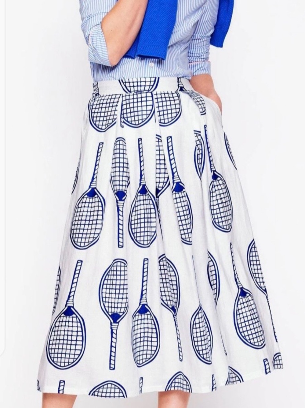 Boden size 14 Blue & White Tennis Racket Print Midi Skirt